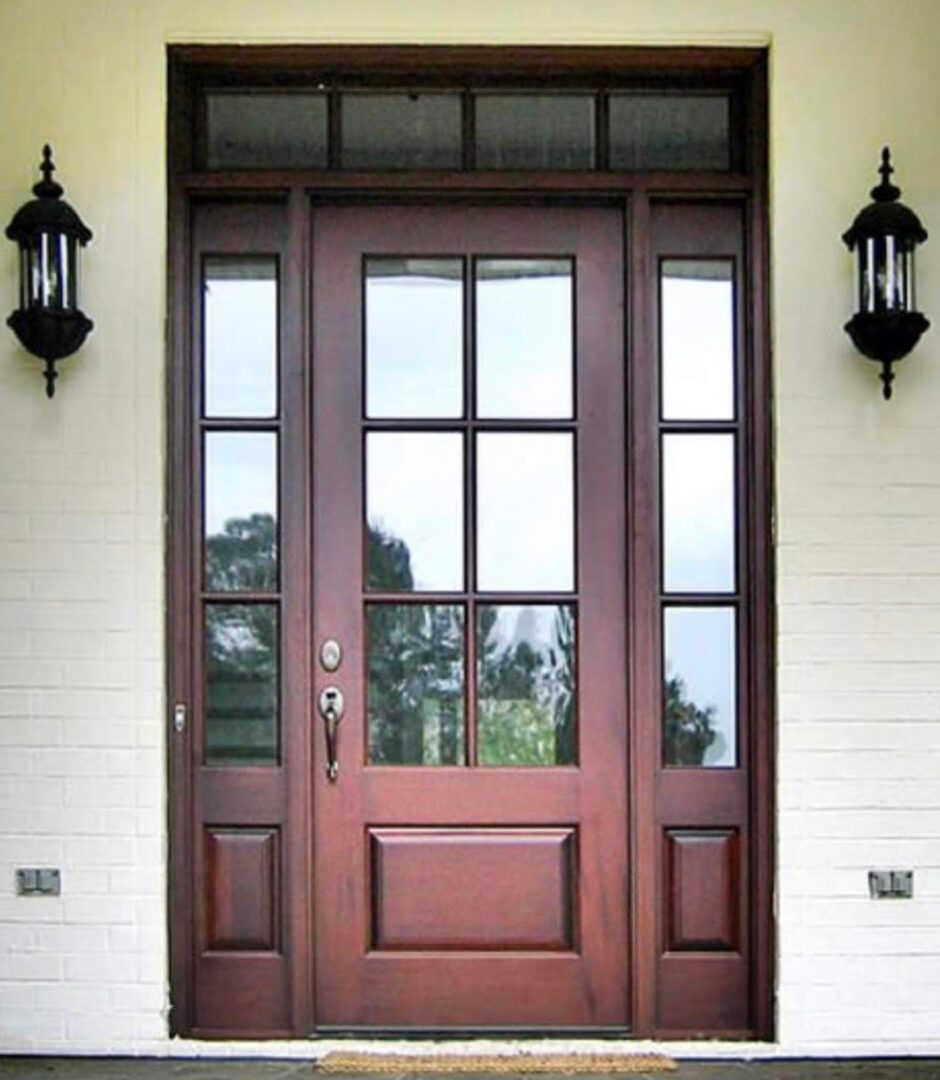 Wood and glass entry way door with sidelights